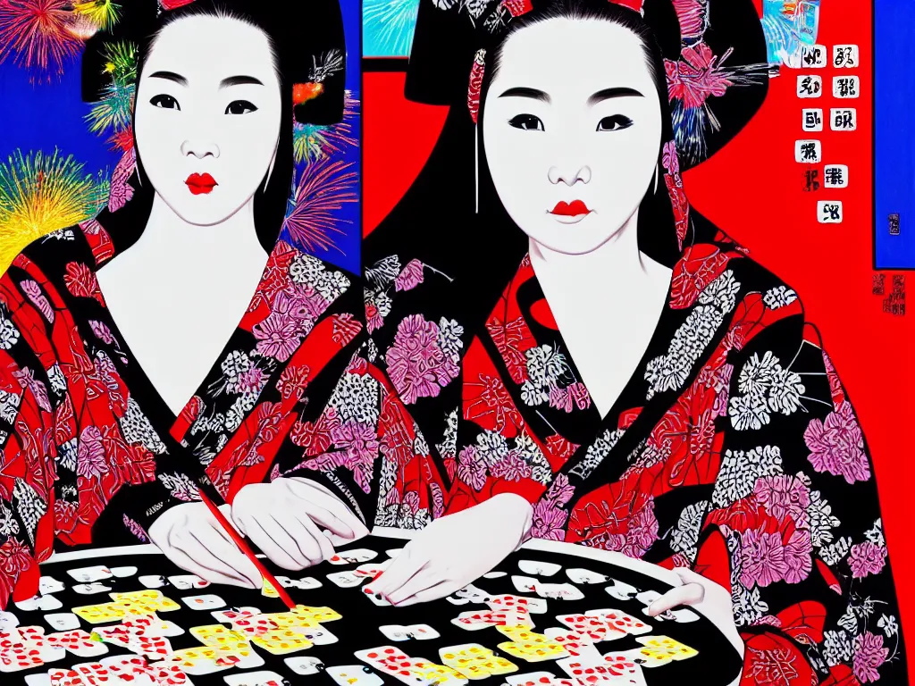 Image similar to hyperrealistic composition of the detailed woman in a japanese kimono sitting at a extremely detailed poker table with detailed darth vader, fireworks, mount fuji on the background, pop - art style, jacky tsai style, andy warhol style, acrylic on canvas