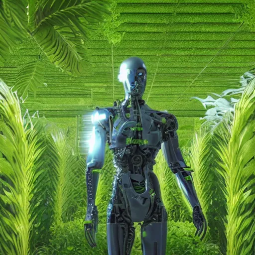 Prompt: a cyborg standing surrounded by plants, raytracing, ultrarealistic, wide frame, 3 d render, unreal engine, dynamic light, cinematic