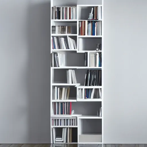 Prompt: photo of white bookshelf shaped like a spiral on white background