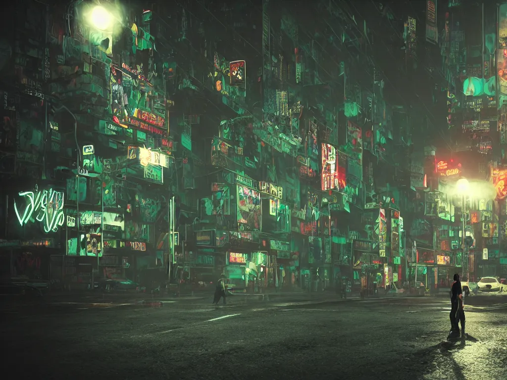 Prompt: voodoo people film clip by the prodigy, cyberpunk, dark magic, green whispy fog, street scene, fluorescent street lights, dirty rats, neon signs, alligator shaman, faint feeling of doom, wet asphalt, reflected light, detailed render, gloomy, ray traced reflections, trending on deviantart, dlss, volumetric fog, volumetric light, 8 k