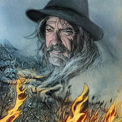 Prompt: 🌄🔥🍂🌨🪐🧙, comic art, alan lee, stan lee, illustration, jrr tolkien