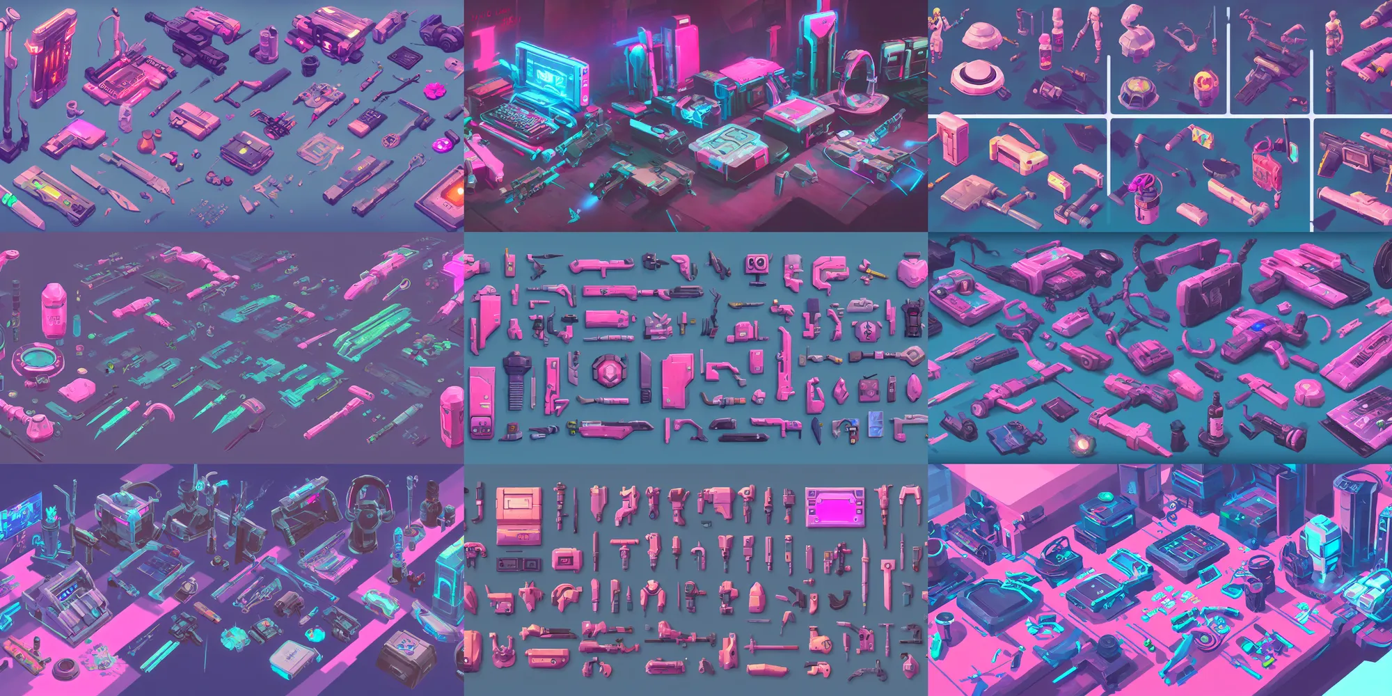 Prompt: game asset of the sims cyberpunk utensils of console machine and computer, in gouache detailed paintings, props, stylized, 2 d sprites, kitbash, arcane, overwatch, blue and pink color scheme, 8 k, close up