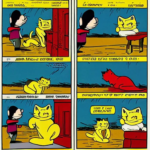 Image similar to heathcliff the cat shooting garfield the cat in the style of a comic strip, george gately, peter gallagher, jim davis