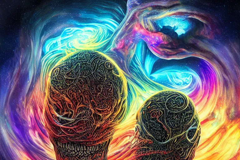 Image similar to a giant skull and flesh creature with deep and intricate rune carvings and twisting lovecraftian tentacles emerging from a space nebula by dan mumford, twirling smoke trails, a twisting vortex of dying galaxies, collapsing stars, digital art, photorealistic, vivid colors, highly detailed, intricate