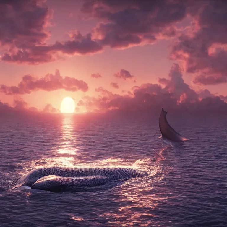 Prompt: vfx shot by weta digital and industrial light and magic ilm, a stunning beautiful blue whale made out of shiny reflective dripping liqud chrome swimming through fluffy giant sunset clouds, octane render, cinema 4 d, ray traced lighting, very short depth of field, bokeh