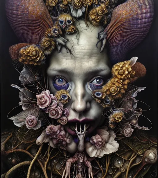 Prompt: portrait, stranger psycho by julie heffernan, glenn brown, naoto hattori, brian froud, nicola samori, paolo roversi, kilart, 8 k, hyper detailed.