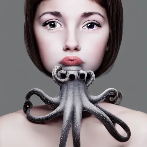 Image similar to A girl with a gray octopus for hair, very young and beautiful face, silver eyes, HD, hyper realistic