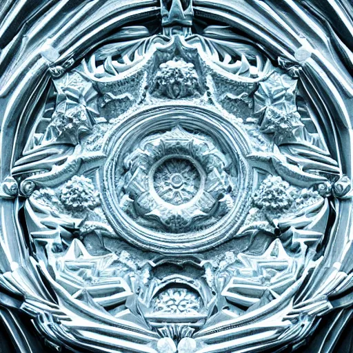 Image similar to a beautiful 3 d stone carving of an intricate mandelbrot fractal cathedral populated by fractals by android jones, carved soap, white color scheme, unreal engine, volumetric lighting, dynamic lighting, bright, dramatic lighting, high contrast, carved marble, opalescent, sacred geometry, religious, angelic, catholicpunk, stark, trending on artstation