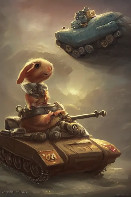 Image similar to cute little anthropomorphic Guinea Pig driving a tiny tank, tiny, small, short, American tanker outfit, cute and adorable, pretty, beautiful, DnD character art portrait, matte fantasy painting, DeviantArt Artstation, by Jason Felix by Steve Argyle by Tyler Jacobson by Peter Mohrbacher, cinematic lighting