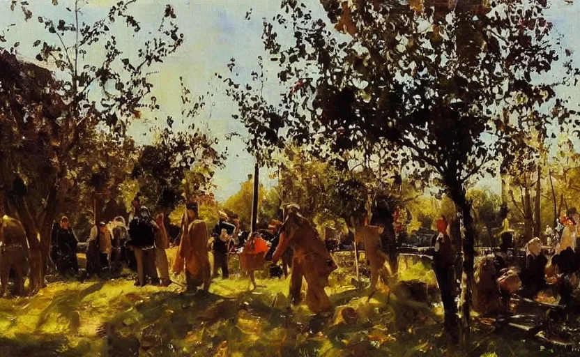 Prompt: oil painting lanscape by anders zorn, nature, fruit trees, very very very very beautiful art, dramatic light, police arrests, police violence, police in street with police cars