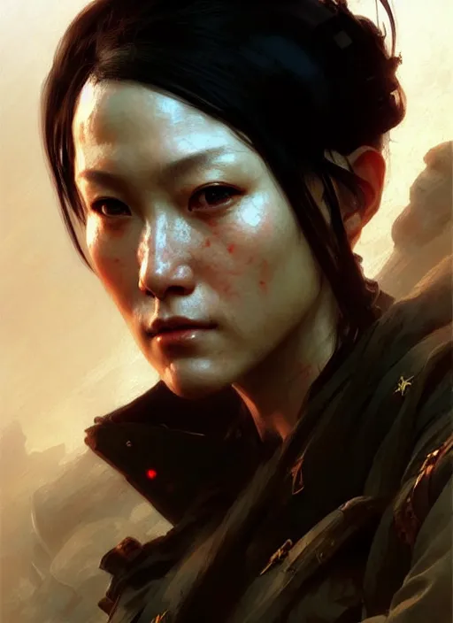 Image similar to character concept portrait of the last days of war between USA and CHINA, post apocalyptic, intricate, elegant, digital painting, concept art, smooth, sharp focus, illustration, from Metal Gear, by Ruan Jia and Mandy Jurgens and William-Adolphe Bouguereau, Artgerm