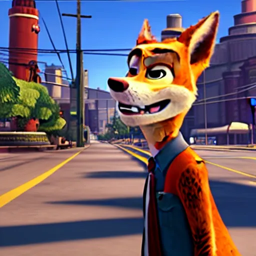 Image similar to Screenshot from the original Grand Theft Auto III featuring Nick Wilde (from Zootopia)