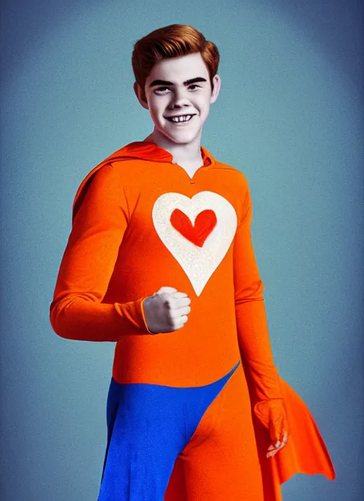 Image similar to friendly teenage archie andrews wearing an orange superhero costume with heart logo, heart, orange costume, blue cape, freckles, cape, heart emblem on chest, heart, blue cape, intricate, elegant, glowing lights, highly detailed, digital painting, artstation, sharp focus, illustration, art by wlop, mars ravelo and greg rutkowski