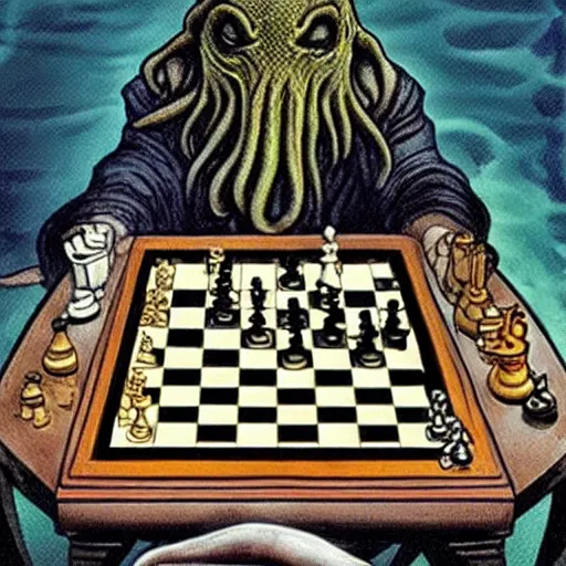 Image similar to cthulhu playing chess with god underwater