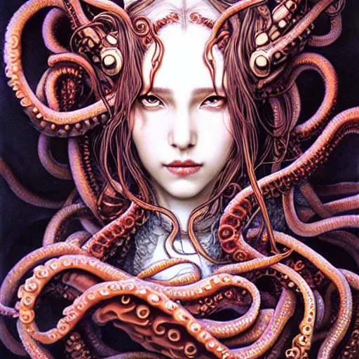 Image similar to a woman with tentacles on her head, an ultrafine detailed painting by ayami kojima, cgsociety, fantasy art, lovecraftian, cosmic horror, detailed painting