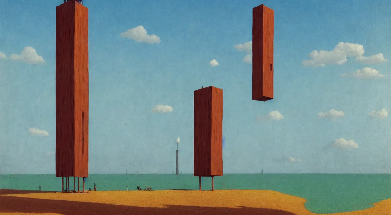 Prompt: single flooded simple wooden tall! tower, very coherent and colorful high contrast!! masterpiece by rene magritte simon stalenhag carl spitzweg syd mead norman rockwell edward hopper james gilleard, minimalist, dark shadows, sunny day, hard lighting