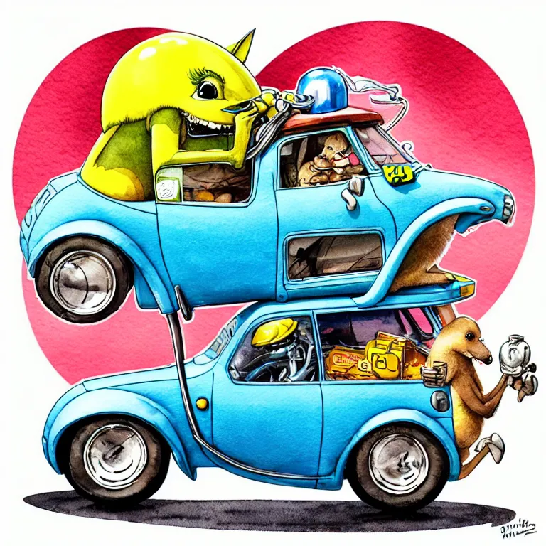 Image similar to cute and funny, kangaroo wearing a helmet riding in a hot rod with oversized engine, ratfink style by ed roth, centered award winning watercolor pen illustration, isometric illustration by chihiro iwasaki, edited by range murata, tiny details by artgerm and watercolor girl, symmetrically isometrically centered, sharply focused