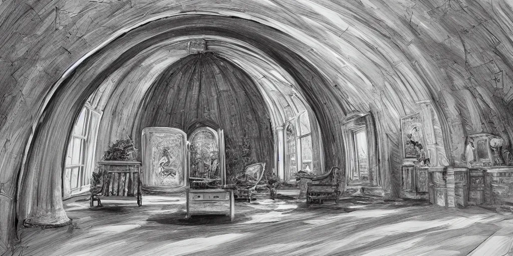 Prompt: hyper real, hyper detailed mat - painting sketch of an arch and dome interior with windows to gaze at the stars at night in a large recessed living room in the country with a view of a forest out side