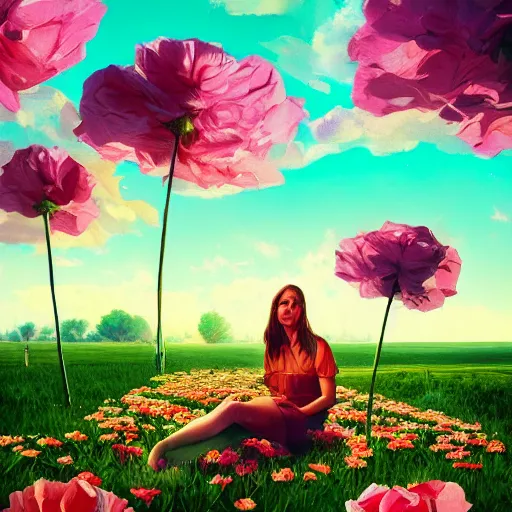 Image similar to giant rose flower head, full body girl sitting in a flower field, surreal photography, sunrise, dramatic light, impressionist painting, colorful clouds, digital painting, artstation, simon stalenhag