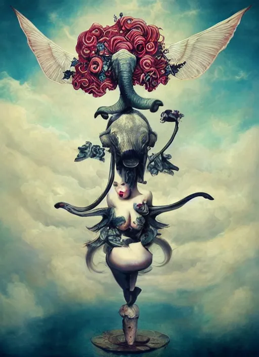 Image similar to pop surrealism, lowbrow art, psychic flying tandem war elephant, rococo, natalie shau, loreta lux, tom bagshaw, mark ryden, trevor brown style,