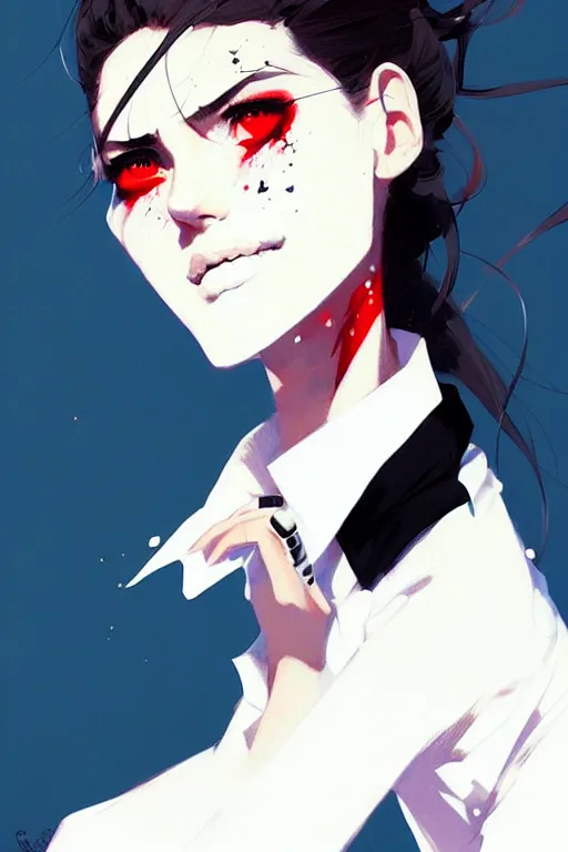 Image similar to a ultradetailed beautiful panting of a stylish woman, she is wearing a white shirt with a tie and black pants, by conrad roset, greg rutkowski and makoto shinkai trending on artstation