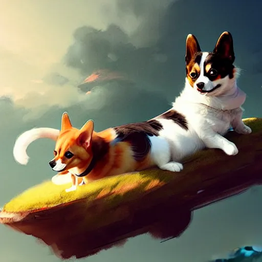 Image similar to tiny cat girl riding on the back of a giant corgi by greg rutkowski