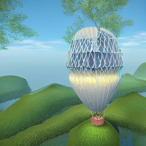 Prompt: futuristic hot air balloon house, ultra realistic, intricate details, highly detailed, photorealistic, 8 k, vegetation, water