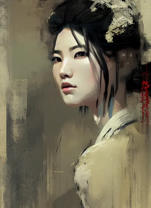 Image similar to female geisha girl, beautiful face, rule of thirds, intricate outfit, spotlight, by greg rutkowski, by jeremy mann, digital painting