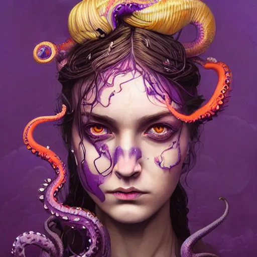 Image similar to art portrait of a furious girl with purple tentacles on her head,8k,by tristan eaton, Stanley Artgermm,Tom Bagshaw,Greg Rutkowski,Carne Griffiths,trending on DeviantArt, face enhance,hyper detailed ,full of colour,