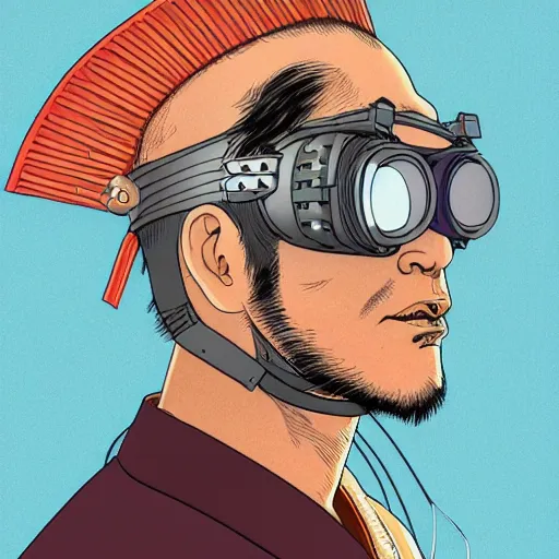 Prompt: a powerful japanese samurai wearing a x - ray goggles, detailed face, highly detailed, face symmetry, character concept portrait by moebius and laurie greasley, colorful, profile picture, 8 k, cinematic color grading