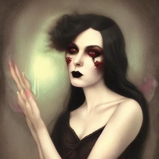 Prompt: a photograph of a beautiful gothic instagram model by tom bagshaw, technicolor, loish