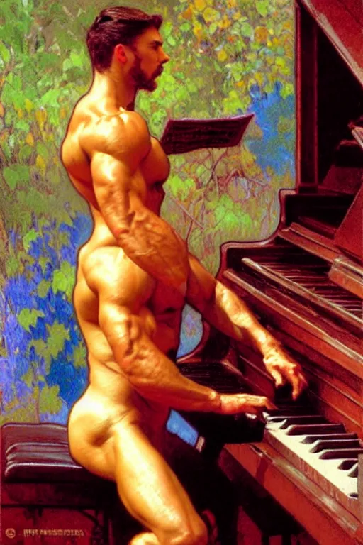 Image similar to attractive muscular man, playing piano, cool colors, painting by gaston bussiere, craig mullins, greg rutkowski, alphonse mucha