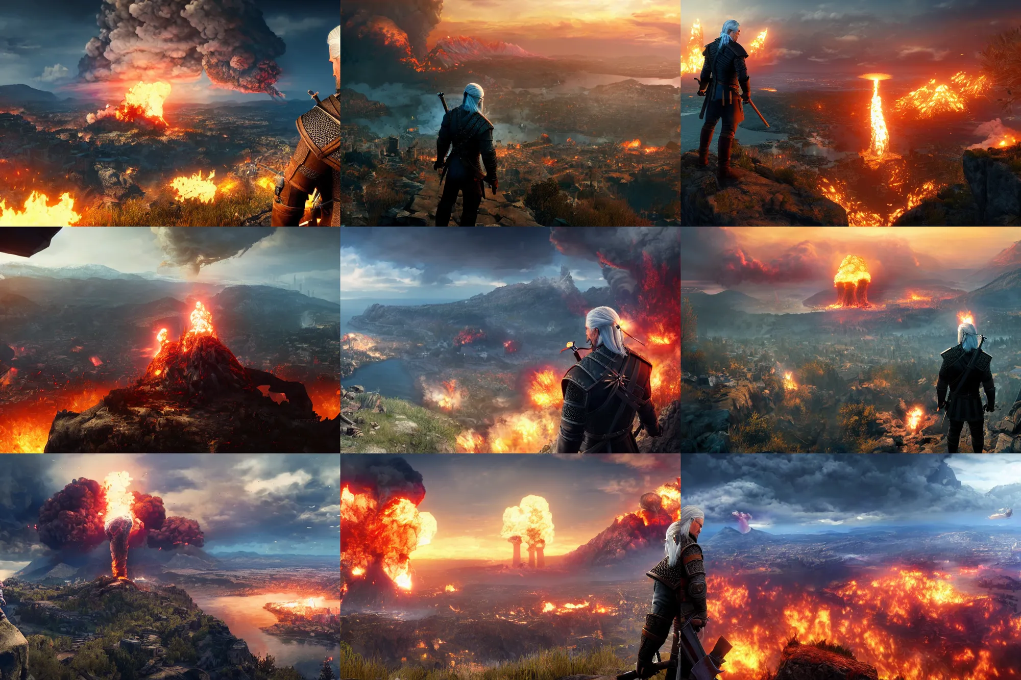 Prompt: illustration of Geralt watching from atop a cliff at a city below is incinerated by a nuclear explosion in The Witcher 3, Unreal Engine 5, rendering, hyper-realistic, digital art, award winning, explosion, mushroom cloud