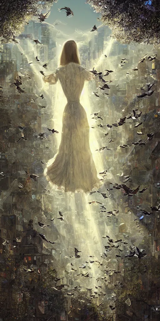 Prompt: portrait of a faceless victorian lady surrounded by flying birds in a futuristic city, from behind, streets, angels in the sky, sunlight and rays of light shining through trees, tall buildings on the sides, beautiful, solarpunk!!!, highly detailed, digital painting