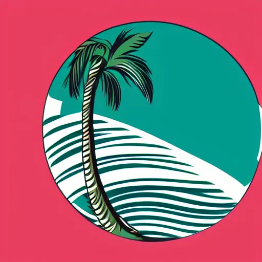 Prompt: waves in bottom front of a palm tree with a giant volleyball with seams in the background, vector logo, professional sports style, flat colour, svg, professional, sharp edges, olive green gray and white color palette