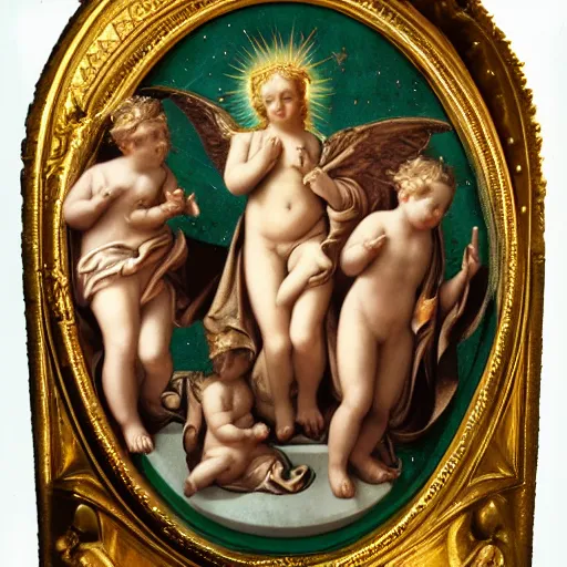 Prompt: Saint Woman, Putti, Venus, Athena, Sistina, baroque, marble and gold, stars, space, sun, deep green, bronze