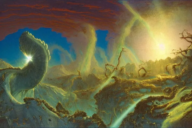 Image similar to mesozoic cosmic upheaval turmoil landscape in the style of dr. seuss, orbital laser bombardment, painting by albert bierstadt