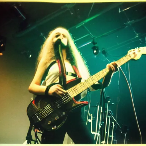 Image similar to 1 9 - year - old girl in a traditional doom metal band, new wave of british heavy metal, live in concert, live 1 9 8 6, united kingdom flags, union jack, playing electric guitar, headbanging crowd of longhairs, audience of longhairs, super 8 mm, grainy photo, colorized