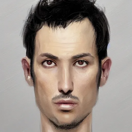 Image similar to portrait of a man by greg rutkowski, he is about 3 0 years old, short black hair with bangs, his features are a mix between french, turkish and russian, very tall and slender, he is wearing a beige and black utility jumpsuit, highly detailed portrait, digital painting, artstation, concept art, smooth, sharp foccus ilustration, artstation hq