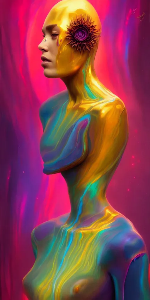 Prompt: 👾👗🛸🌈🧛🏾♀, phantom, dreary, flowers, dramatic, fluid, iridescent, golden ratio, artstation, moebius + loish + wlop, hd, oil painting, hyper realistic,