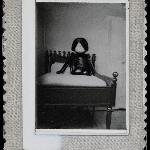 Prompt: a very beautiful old polaroid picture of a creepy doll in a bedroom on a bed, award winning photography