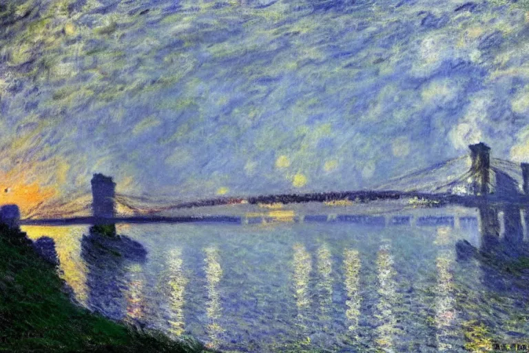 Image similar to beautiful painting of the clifton suspension bridge by claude monet, stormy night, lightning
