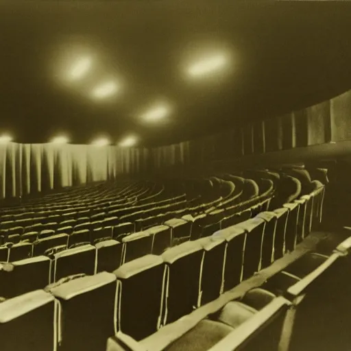 Prompt: full 1 9 5 0's movie theatre, audience all wearing vr headsets. image taken at front of theatre looking towards the crowd. dark only light coming from the screen. audience illuminated