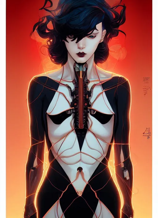 Image similar to artgerm, joshua middleton comic cover art by aigoworld, triangular skeletal calcium fungus lich, full body, symmetrical eyes, symmetrical face, long curly black hair, cyborg, warm colors