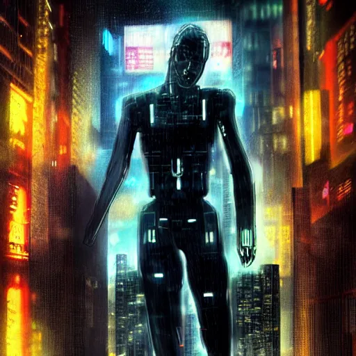 Image similar to a menacing cyborg, in the style of bladerunner movie. cyberpunk.
