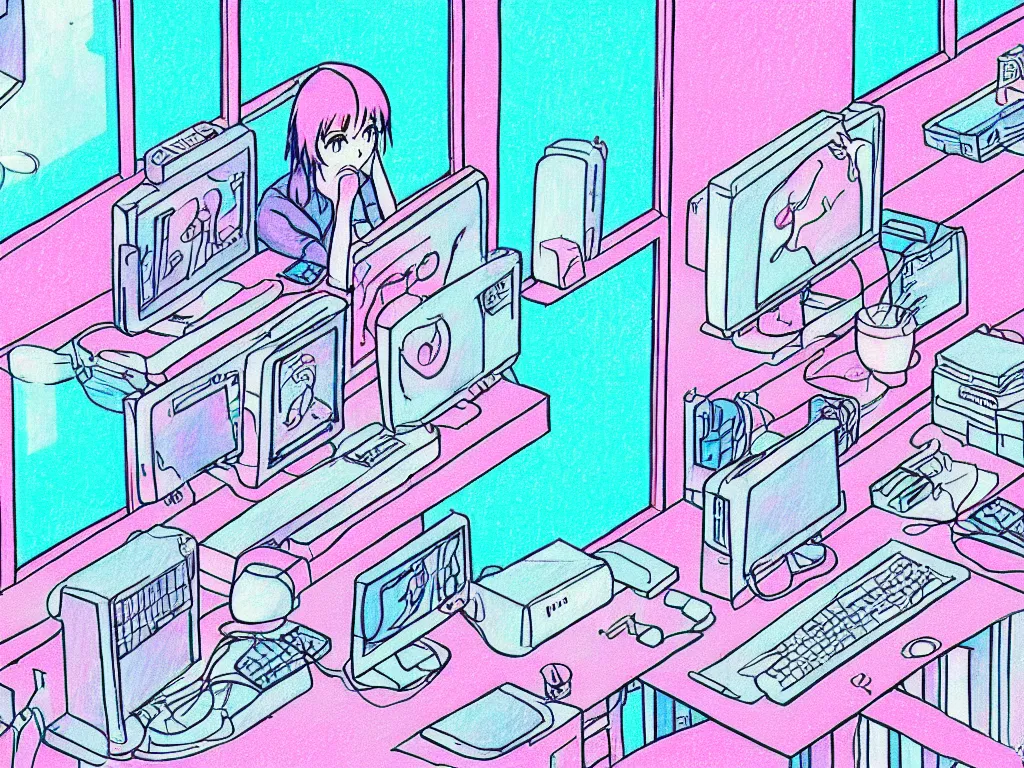 Image similar to beautiful drawing of a female in her small apartment sitting at her computer desk which is in front of a window which looks out to the neon cyber city, style vaporware cartoon japan, low - fi, chill scene, kawaii anime manga style, illustration, aesthetic, minimalistic!! simple, neon pastel, in the style of bryce kho and hayao miyazaki