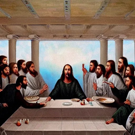 Prompt: nic cage in the last supper as painted by ray kurzweil