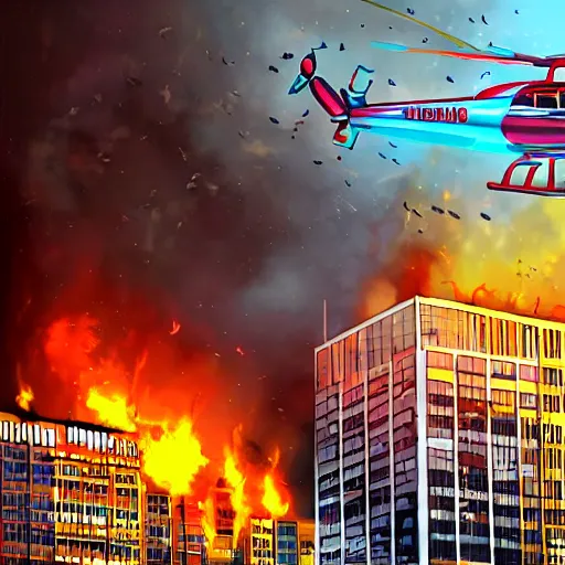 Prompt: helicopter on fire flies into the building, yellow colors, digital art