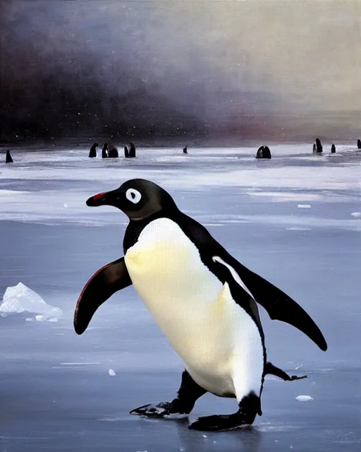 Image similar to a penguin sliding on the ice floe, red lighting, oil painting, art by ruan jia