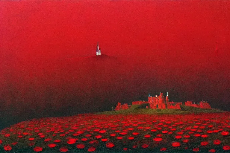 Image similar to only with red, red flowers of different types, a castle in the background, red giants rest over the flowers, in the style of beksinski, part by hopper, part by rodcenko, part by hofbauer, intricate composition, red by caravaggio, insanely quality, highly detailed, masterpiece, red light, artstation, 8 k